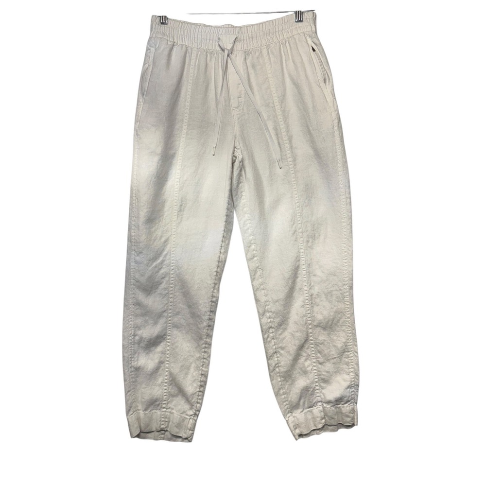 Athleta White 100% Linen Jogger Pants Small Drawstring Elastic Waist Tapered Leg